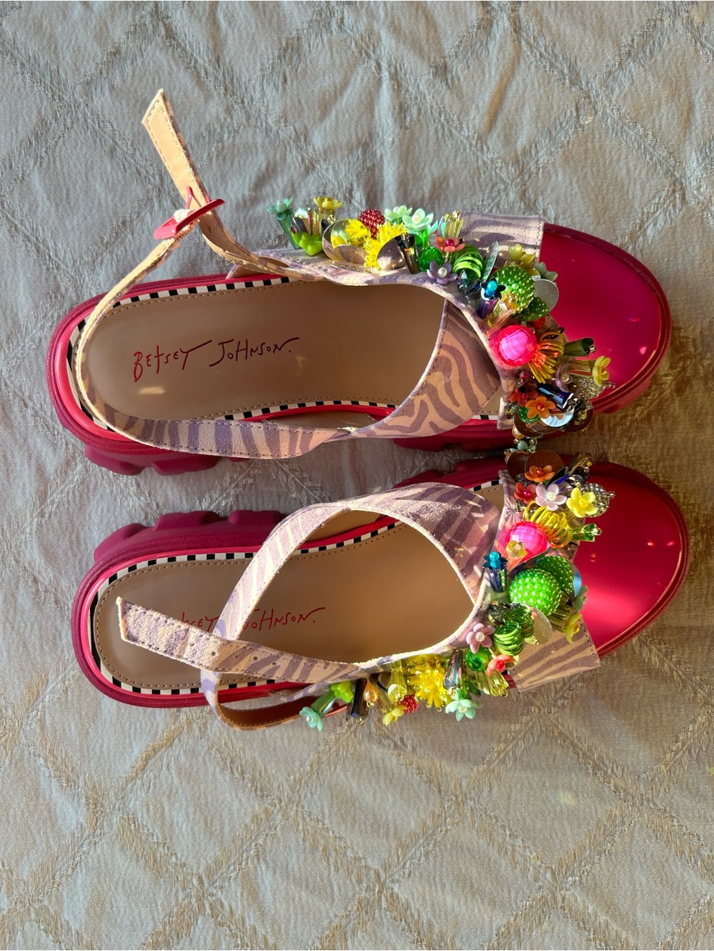 Betsey Johnson Pink Floral Sequin Embellished Platform Sandals